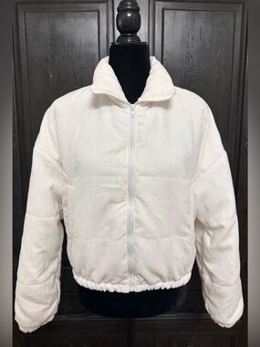 SHEIN White Corduroy zip up Oversized coat w/bag - Size Medium